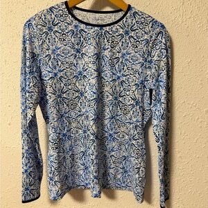 Lands' End Blue and White Floral Long Sleeve Swim Top